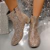 Women Ankle Boots Luxury Outdoor Designer Shoes Sequins Round Toe Party Shoes for Women Glitter Zipper Chunky Heel Boots Women