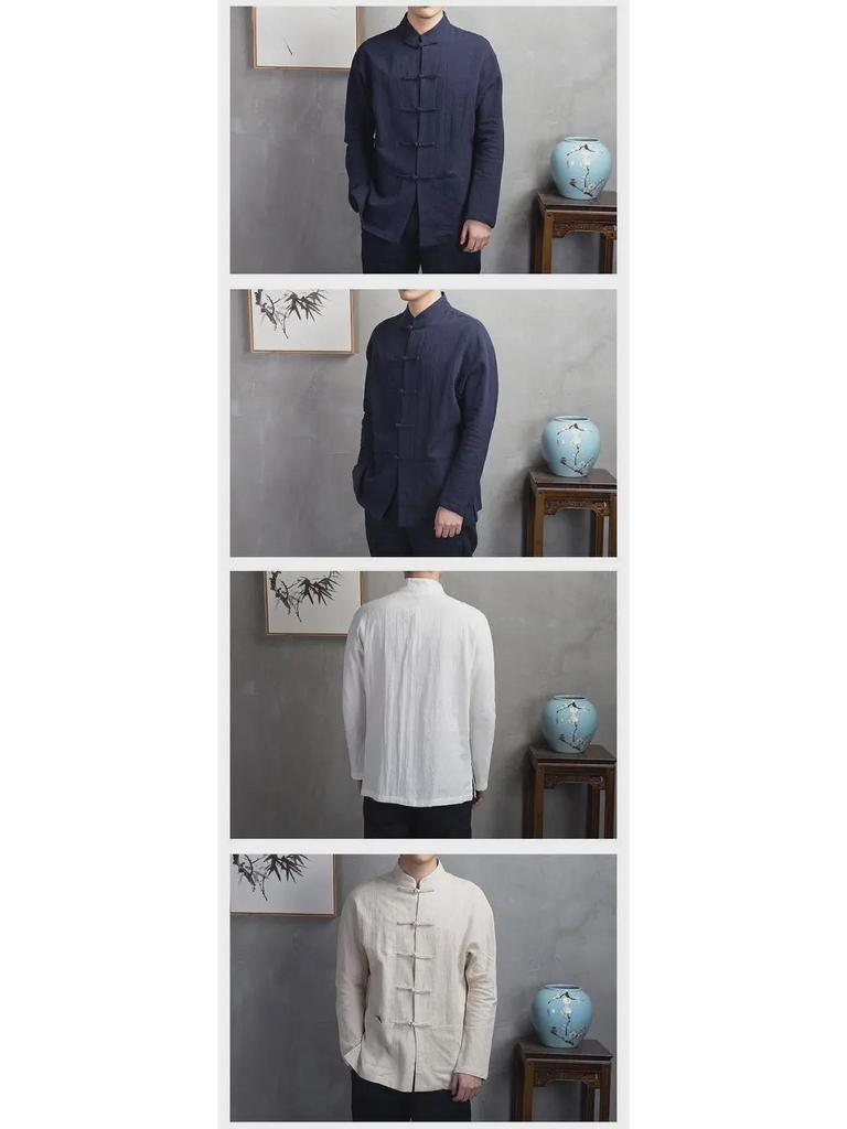 Men's Retro-Style Chinese Cotton Linen Stand Collar Shirt – Long-Sleeved for Spring and Autumn.