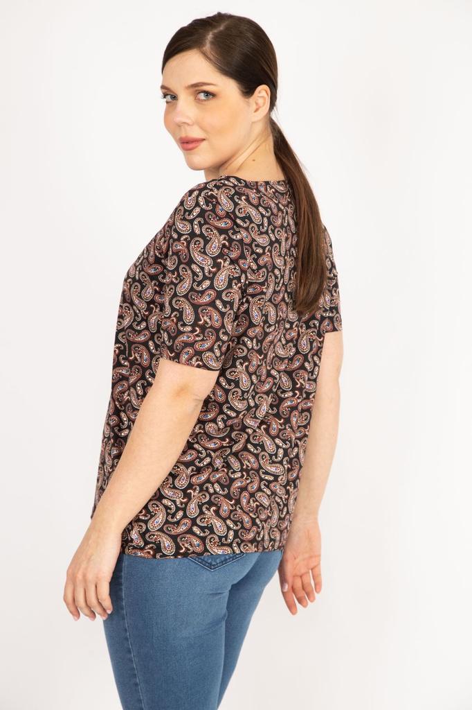 Women's Big Size Blouse Colorful Plus Size Paisley Patterned Collar Detailed Blouse