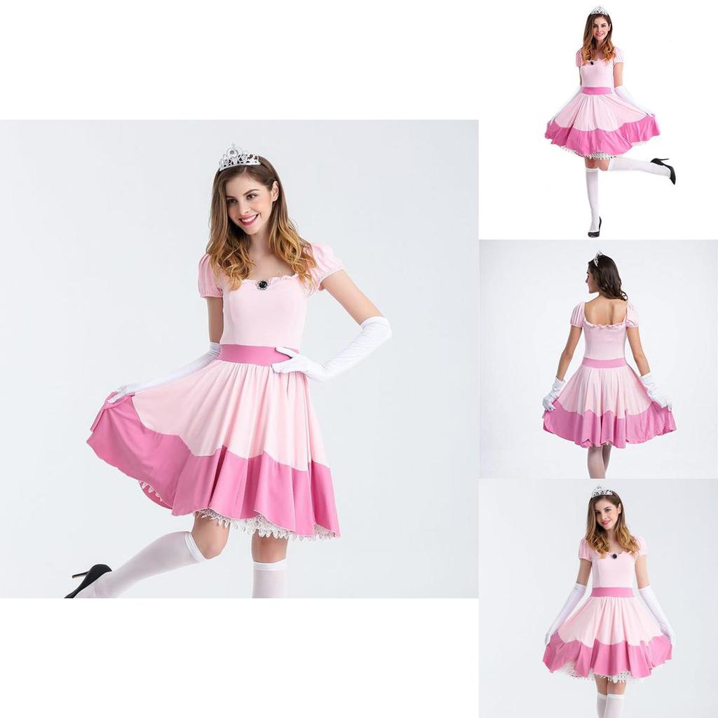Elegant Super Mario Pink Princess Peach Costume Dress With Crown And Gloves Set