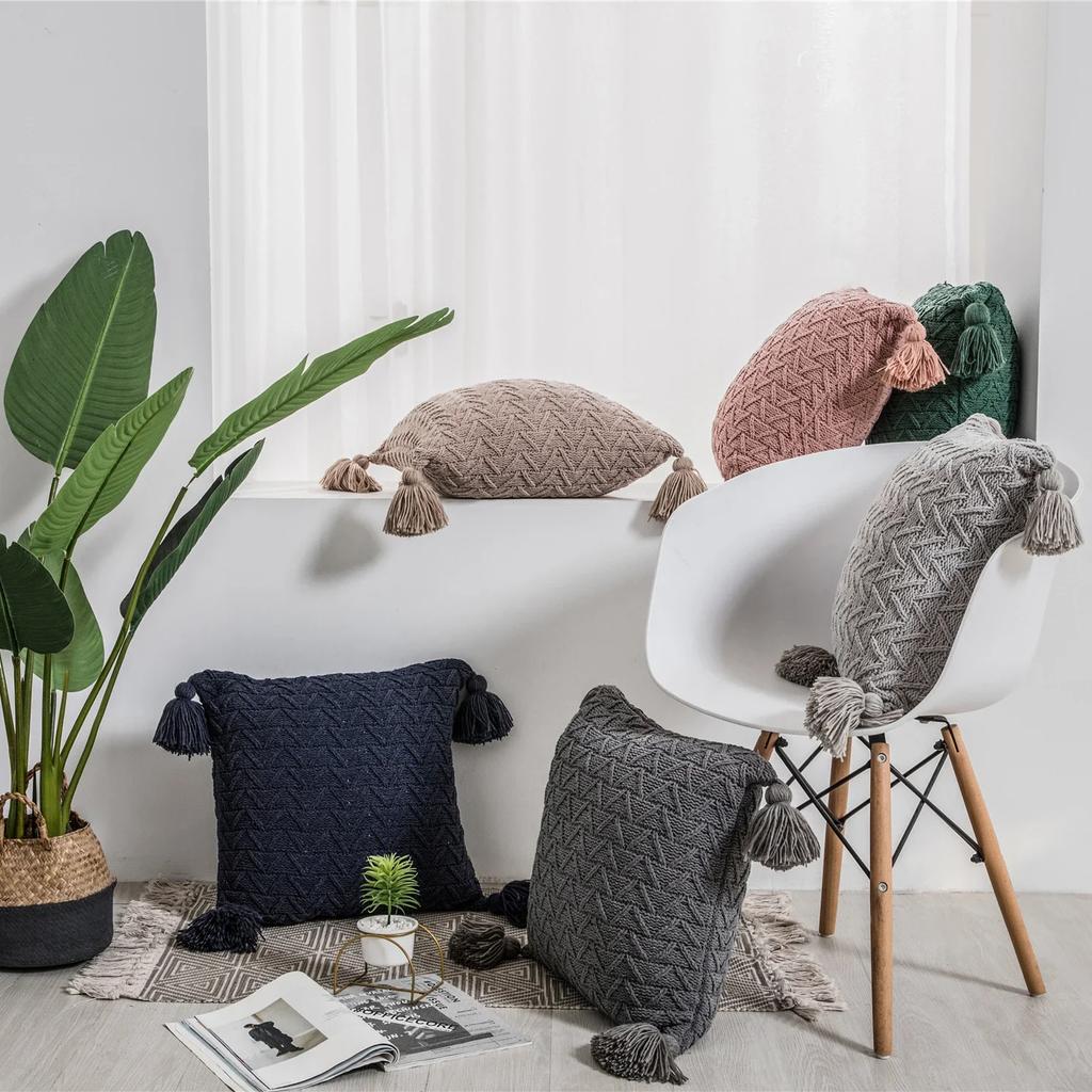 REGINA Cute Tassels Chenille Pillow Case Nordic Bed Knitted Pillow Cover Fall Home Decorative Pillowcase Sofa Soft Cushion Cover