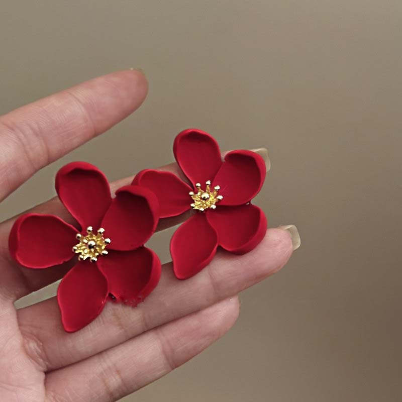 

Vintage Gold Color Matte Texture Flower Stud Earrings for Women Girls Exaggerated Metal Irregular Earrings Zircon Gifts 2026 красный