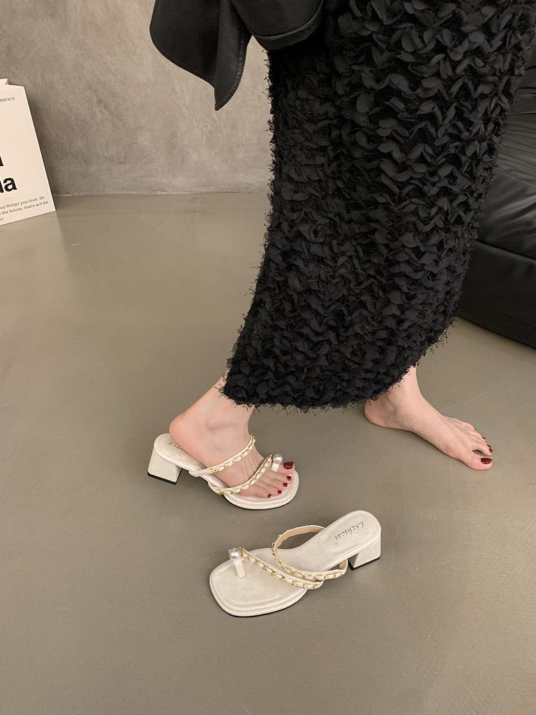 Fashion Slippers Women Summer Shoes Square Heel Rubber Flip Flops Heeled Mules Slides Block Hawaiian High Retro Scandals Square Heel Sho