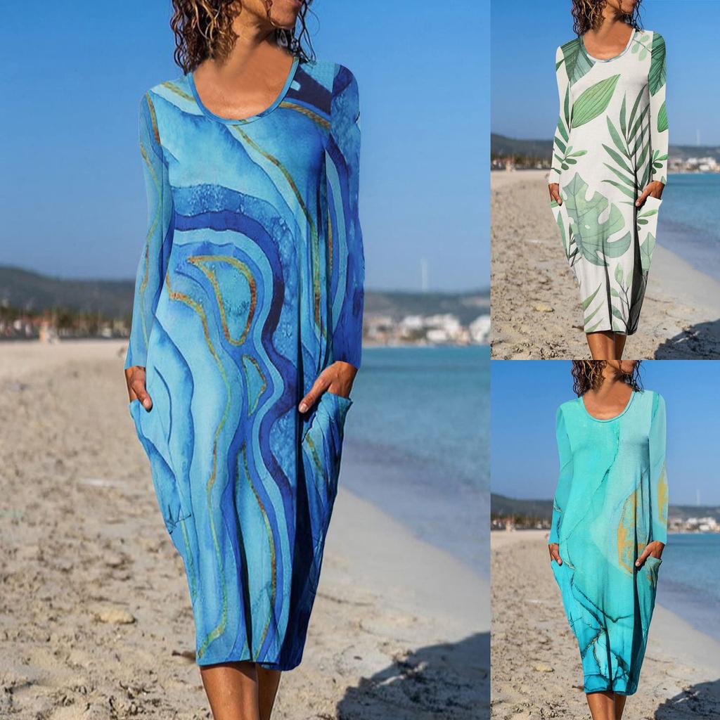 Women's  And Winter Printed Round Neck Long Sleeve Dress With Pockets