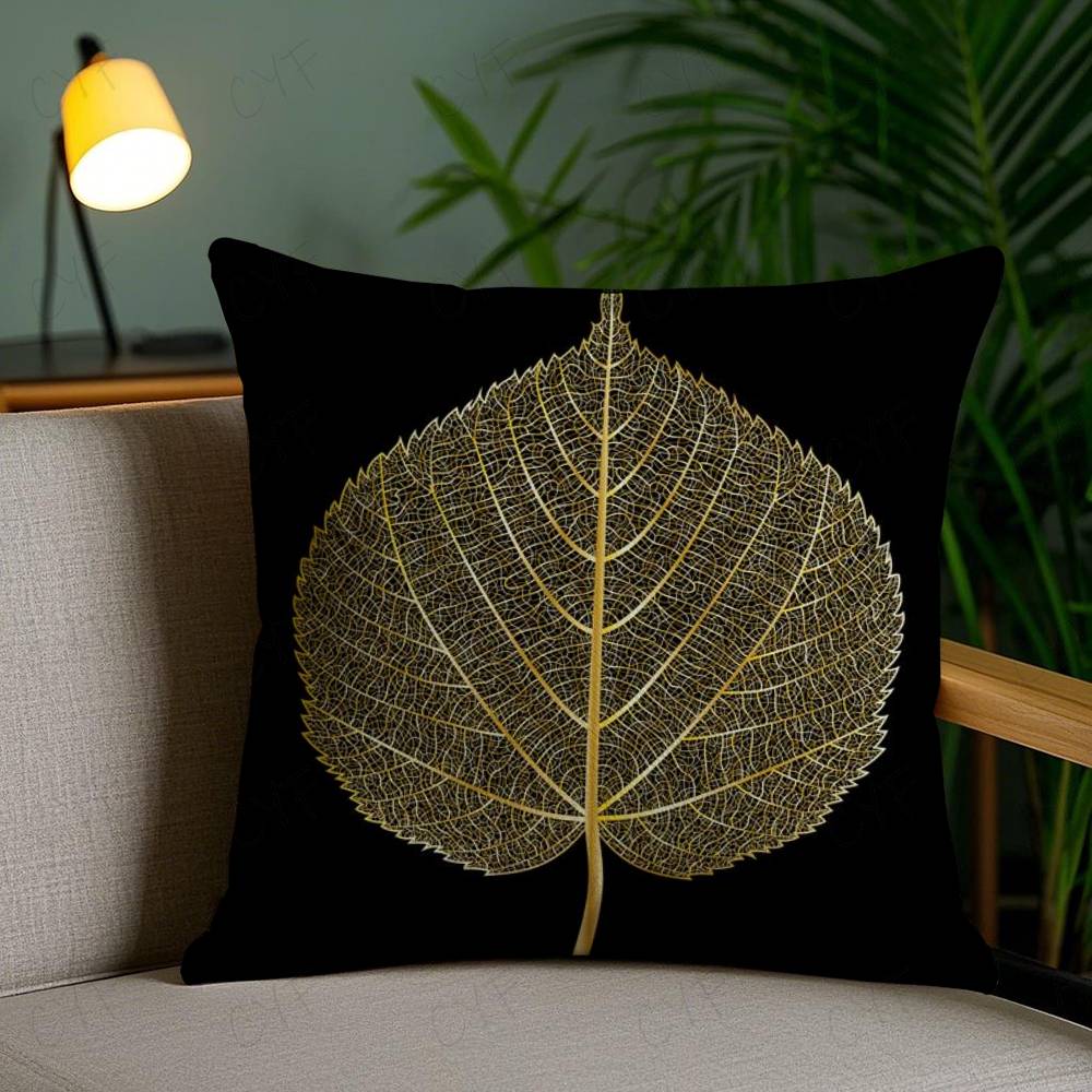 Kissenbezug mit goldenem Blatt- und Zweigmuster Milbendichter Kissenbezug Unsichtbarer Reißverschluss Seidiger Kurzplüsch Sofakissenbezug