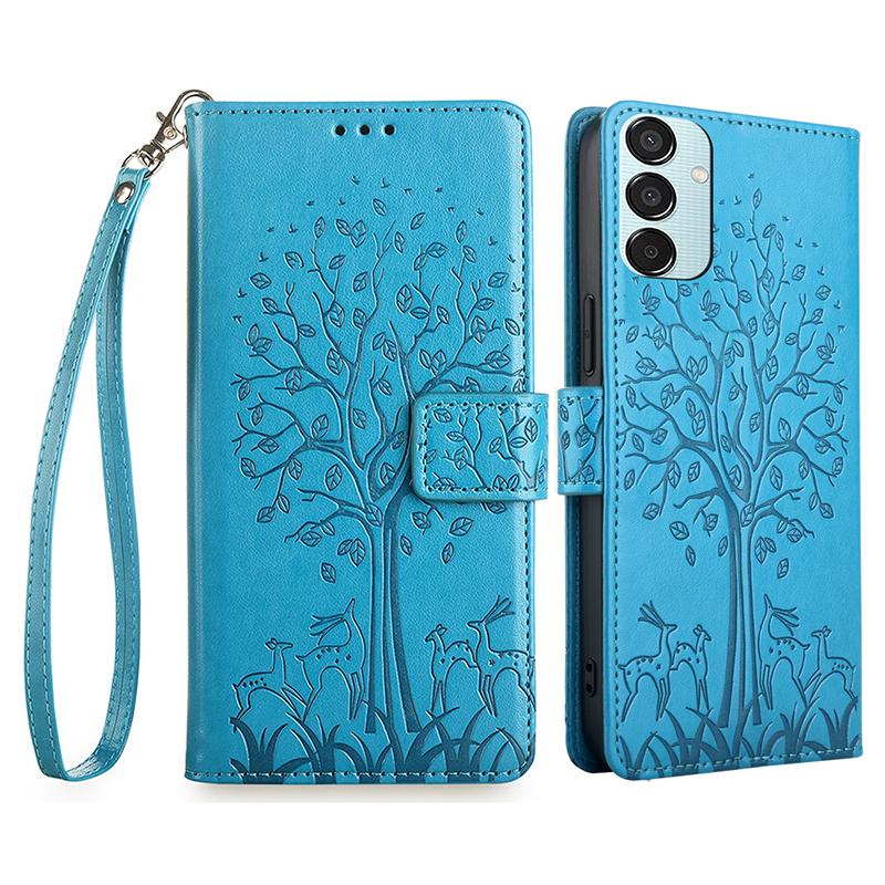 

For Samsung Galaxy M15 5G Leather Case with 3 Card Slots Tree Pattern Phone Cover Blue