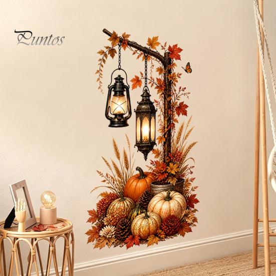 Thanksgiving Window Clings Autumn Pumpkin Street Lamp & Maple Leaves Wall Sticker, Waterproof PVC Fall Harvest Atmosphere Decor Decal, Decorative Peel