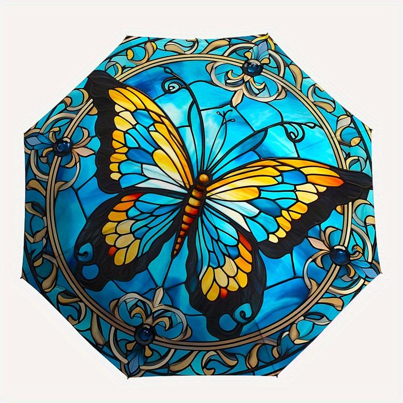 Stunning Stained Butterfly Window PanelUmbrella, Portable 3-Fold Compact Umbrella,Christmas Gift ES530
