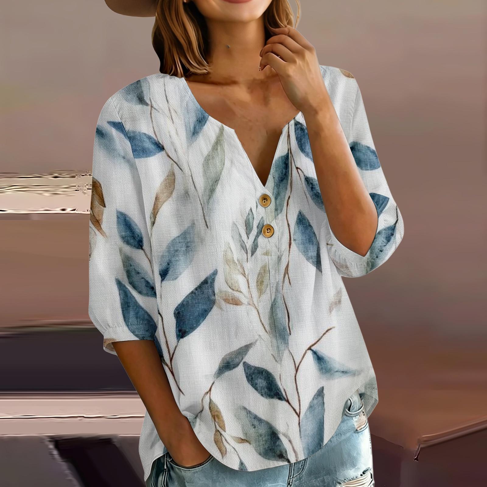 Women Henley Neck Button Front Cotton Linen Shirt with Leaf Print Three Quarter Sleeves Relaxed Fit Blouse Top S синий