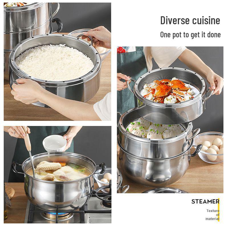Extra Thick Stainless Steel Home Steamer Pot - Energy-Saving, Non-Flavor Transferring Multi-Layer Basket