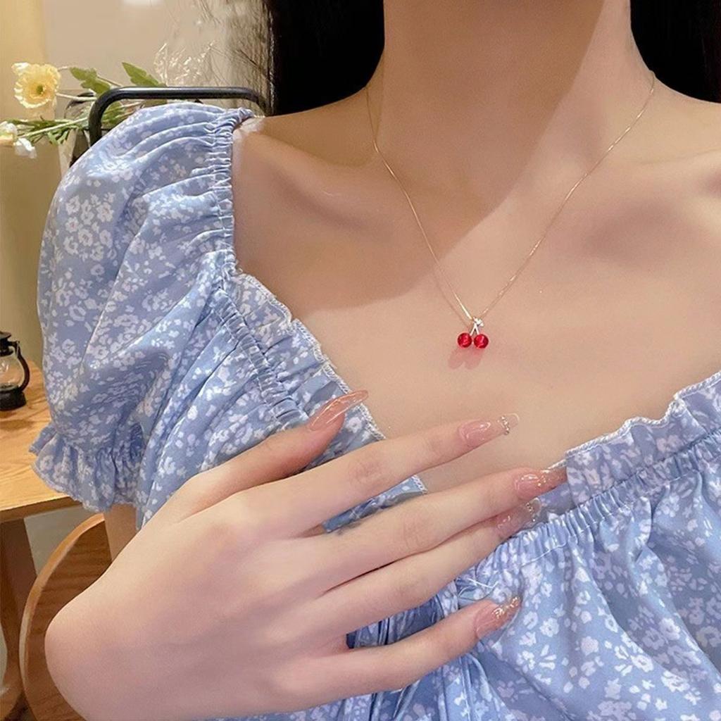 Red Cherry Necklace Niche Design Neck Chain Korean High-Value Girlfriend Jewelry Sweater Necklace Women