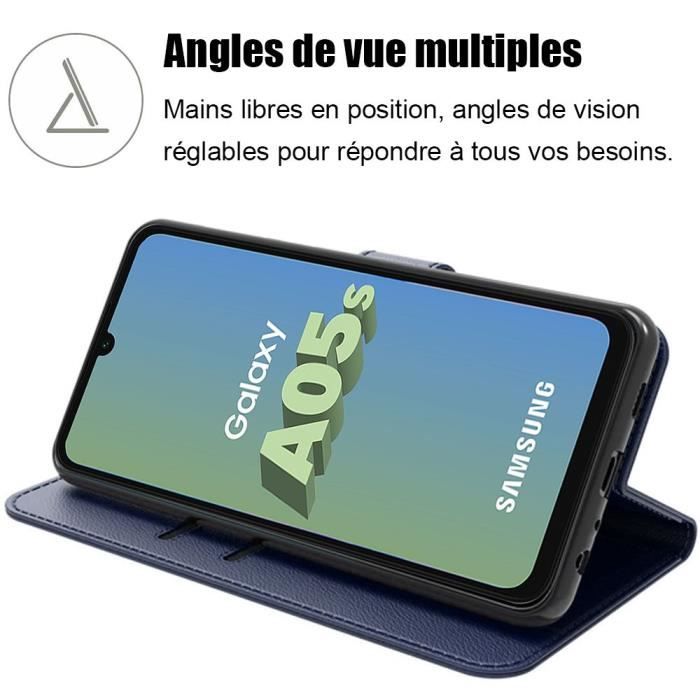 Coque pour samsung galaxy a05s, bleu marine, protection antichoc en cuir pu et intérieur tpu avec fentes pour cartes (pas pour a05)