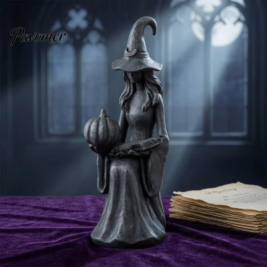 Artistic Resin Crafts Halloween Witch Statue, Gothic Figurine with Pumpkin And Book, Matte Black Themed Gifts Sculpture, Mantel Shelf Desk Decor,
