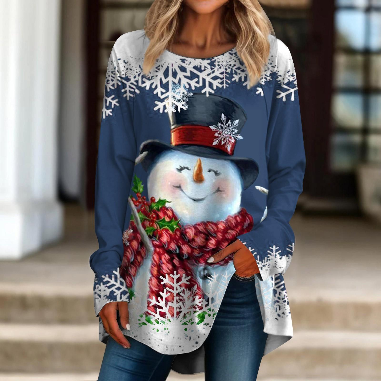 

Women s Casual Plus SizeLong Sleeved Round Neck Christmas Printing T-shirt Top Pullover XXXL