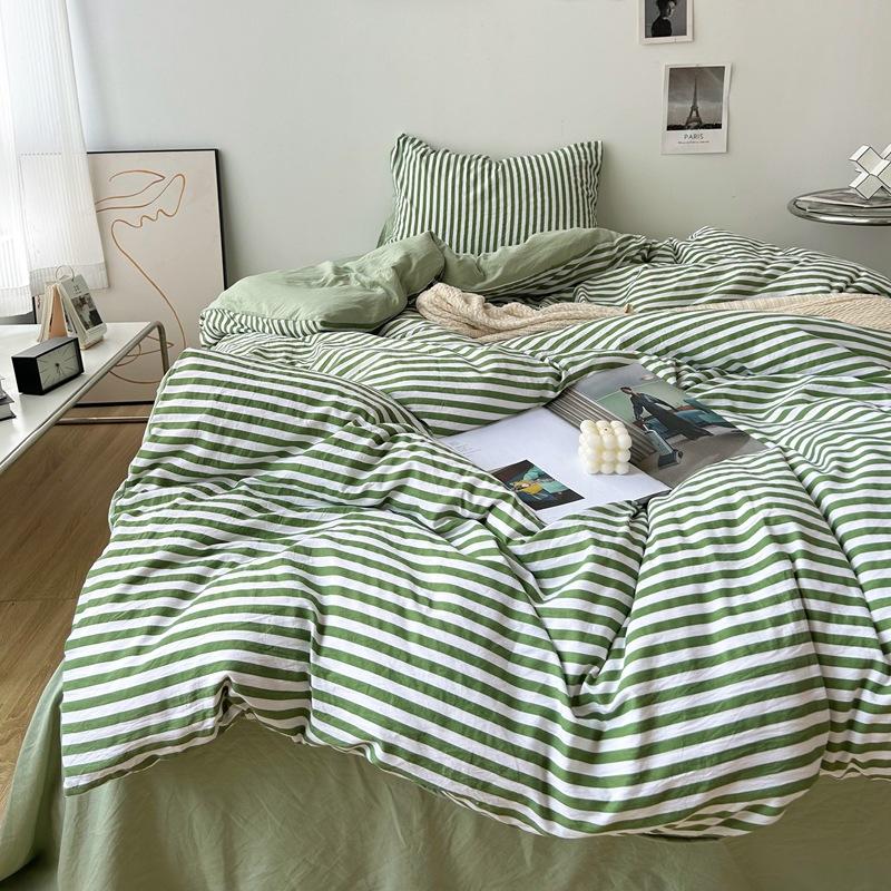 

Green White Striped Bedding Set No Filler Ins Nordic Duvet Cover with Zipper Pillowcase Bed Sheet Double Queen Bed Linens Flat Bed Sheet&Twin 3pcs for 1m Bed