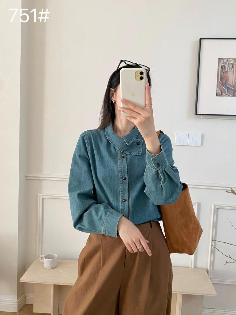 Hong Kong Style Retro Washed Denim Shirt Jacket for Women
