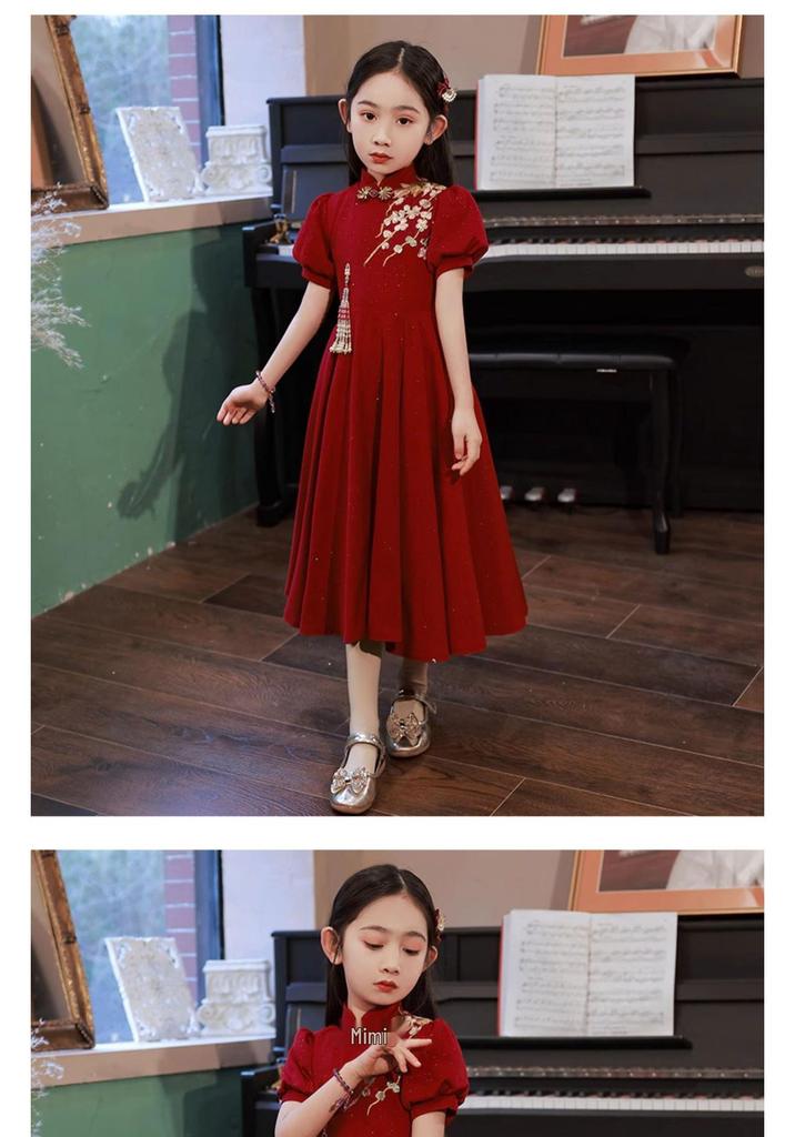 Red Chinese Style Cheongsam Dress for Girls - Floral Wedding & Piano Performance Outfit