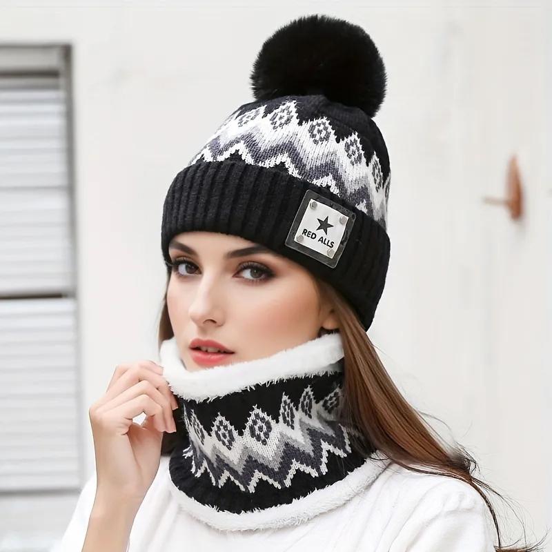 1Set Knitted Fabric Convenient Wearing Warm Gift Soft Flexible Scarf Outdoor Sports Hat Windproof Hat+Scarf