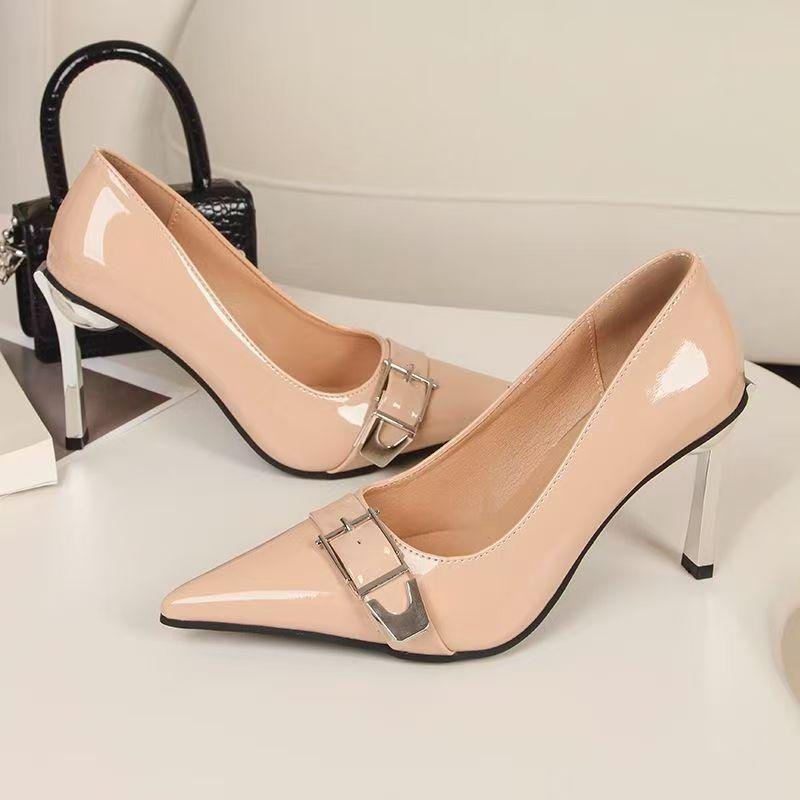 2025 Autumn New Patent Leather Black Stiletto Heels Metal Pointed High Heels Female Fashion All-Match Banquet Pumps