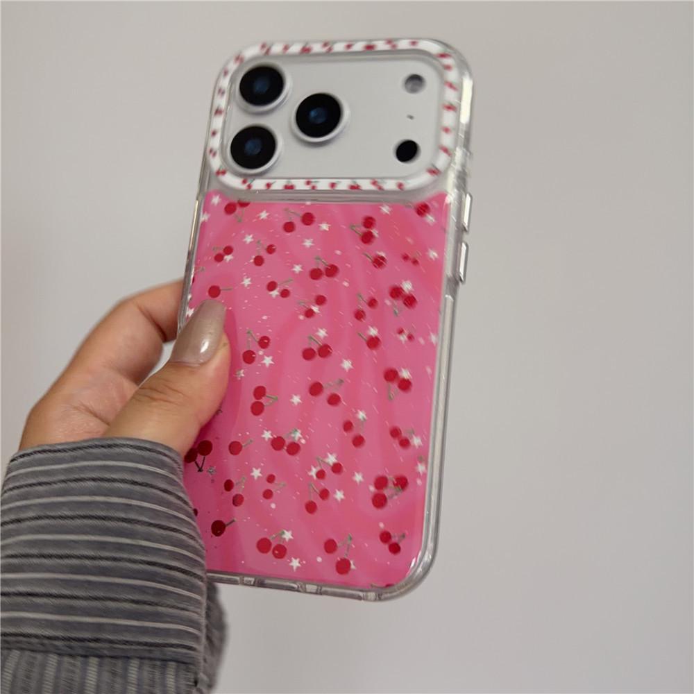 Korean Style Rose Pink Full Screen Cherry iPhone Case for 14 Pro, 15, 16, and 17 Pro Max
