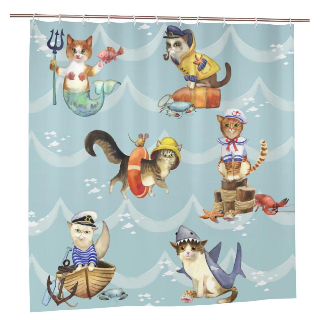 Funny Animals Shower Curtain,Cat Cowboy With Rifle Rides A Horse On Green Grass Ranch With Cow Dog Shower Curtains For Bathroom