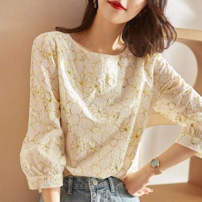 Chiffon Blouse Women Floral Printed Lace Patchwork  Female Blouse Casual Shirts Summer Ladies Tops Loose 3/4 Sleeve Clothing
