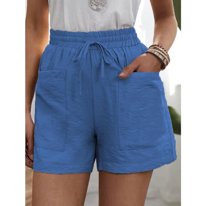New women's linen wide-legged shorts - summer casual sports high-waisted large size loose solid color with pockets