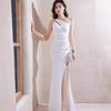 White Evening Dress Female New Banquet Temperament High-end Celebrity Host Advanced Sense Sexy Fishtail Shoulder