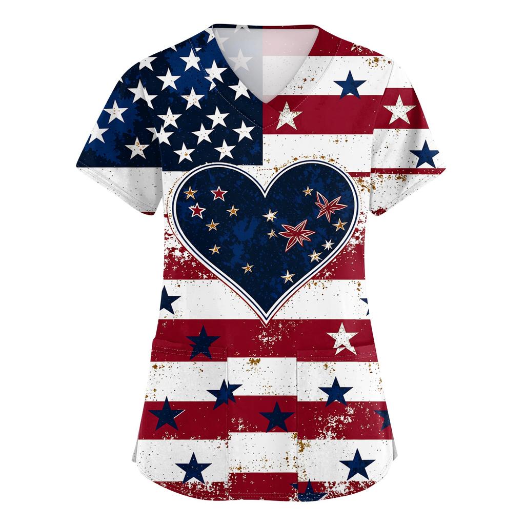 Women's Short-Sleeve Independence Day Print V-Neck Pocket Workwear Top