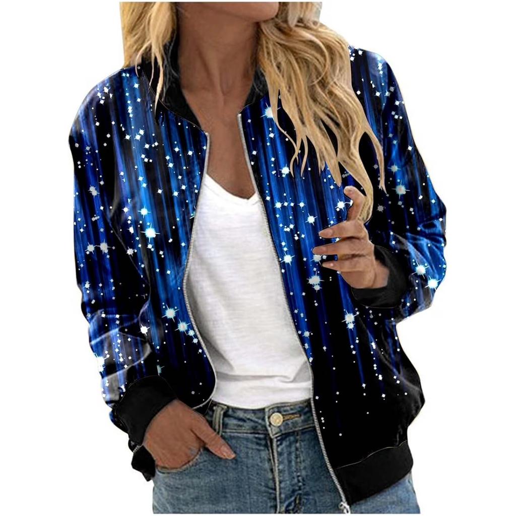 Women's Fashion Long Sleeve Sequin Starlight Print Round Neck Zip Jacket