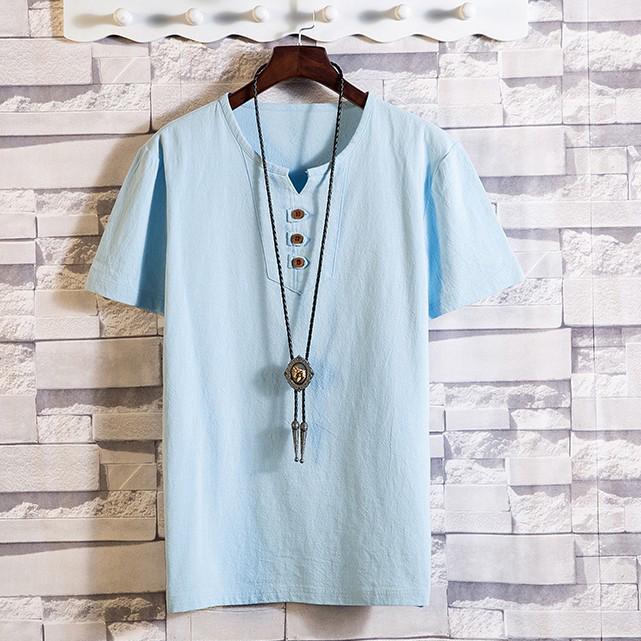 Camicie Estive da Uomo Bottoni Larghe Casual Maschili Scollo a V Manica Corta Harajuku Cotone Lino Maglietta Top