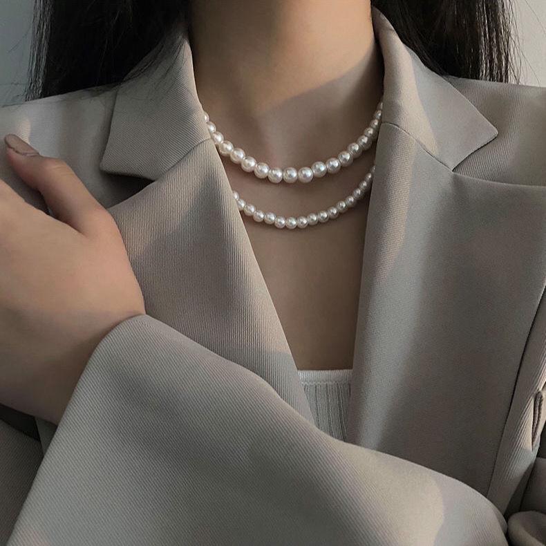 Spring and summer versatile personality trend double-layer pearl necklace retro collarbone chain niche neck chain ing