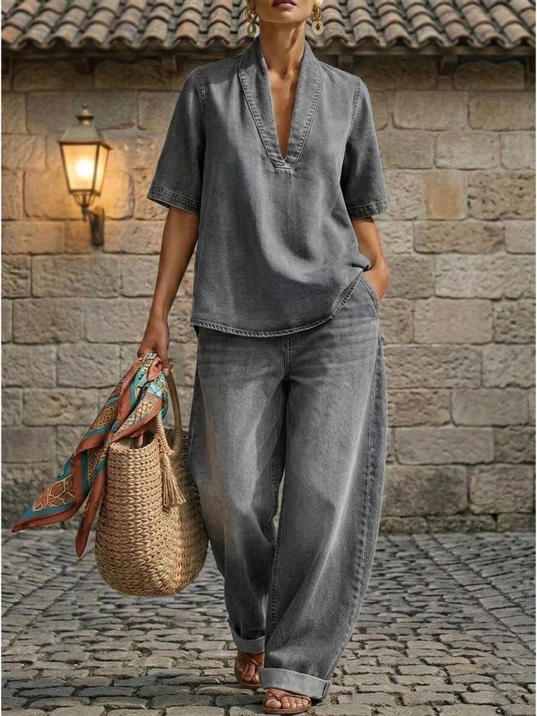 2026 Europäisches & Amerikanisches Sommer Damen Minimalistisches Denim Zweiteiler-Set - Locker, Lässig, Einfarbige Farbe, Bequemer Stil