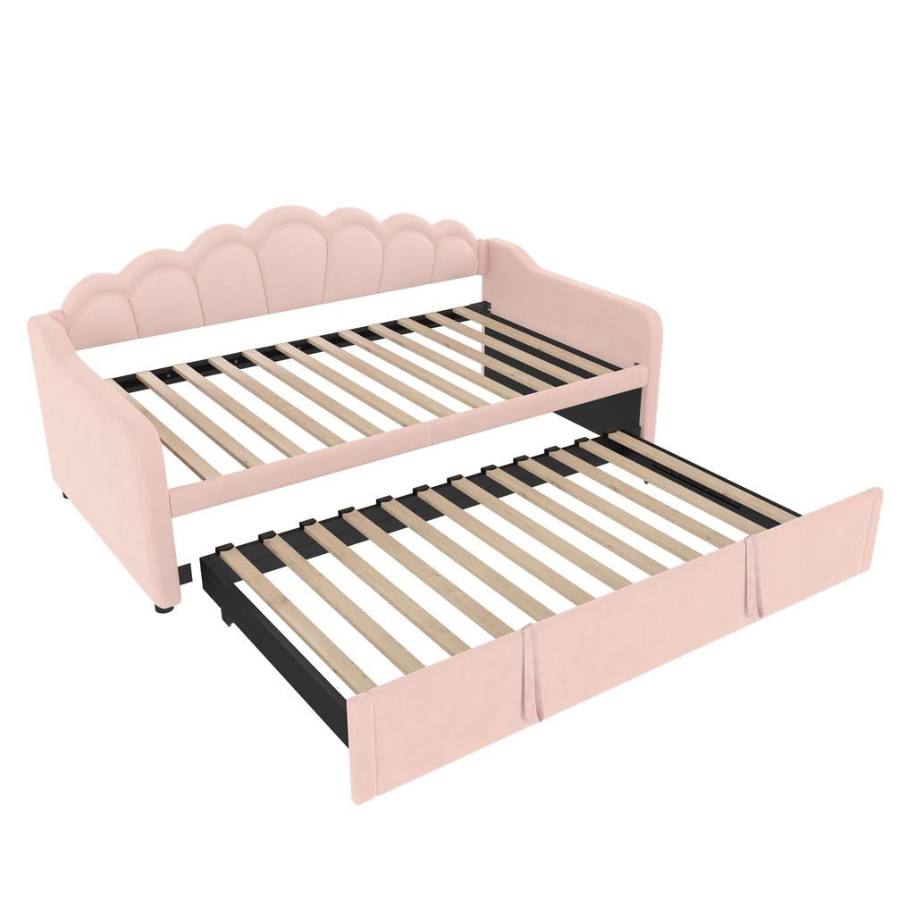 Daybed with Pull-Out Bed, Sofa Bed, Single Bed (Without Mattress), Double Bed, Velvet, Color-Changing LED Strip, 90x200cm(180x200cm), Pink