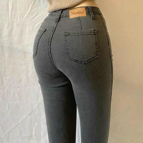 Women's Large Size Jeans High Waist Stretch Skinny Denim Trousers Solid Color Streetwear Vintage Washed Elastic Slim Pencil Pants