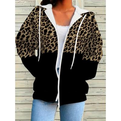 Vintage Leopard Print Hooded Cardigan, Women's Color-blocked Patchwork Sweater Jacket