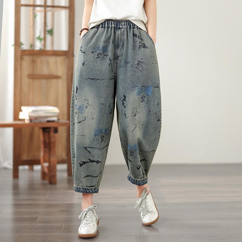 Spring Plus Size Soft Denim Printed Elastic Casual Daddy Jeans Medium светло-синий
