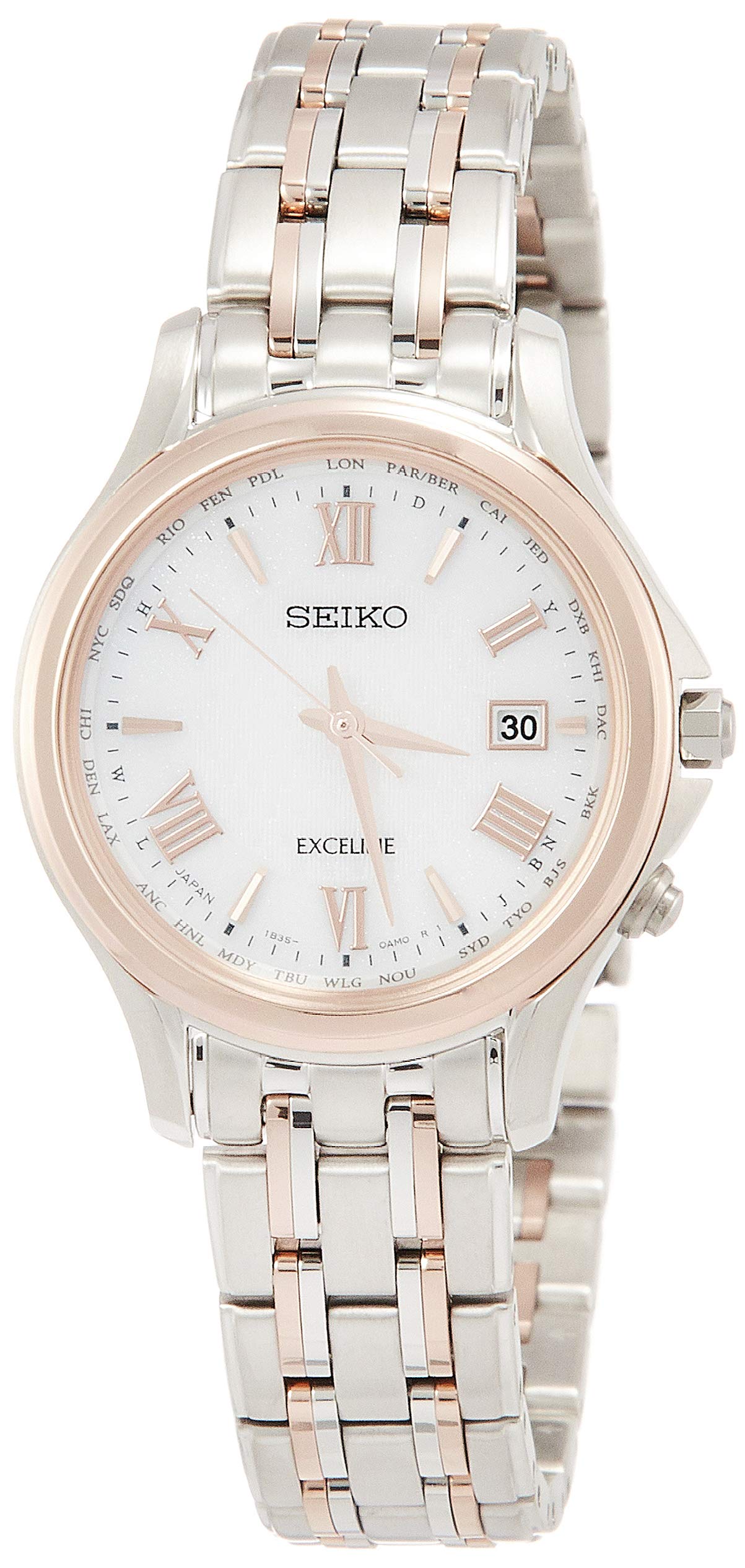 

[Seiko Watch] Наручний годинник Excelline Solar Radio Titanium Model Platinum Diamond Shield White Dial Curved Sapphire Glass SWCW162 Women Silver
