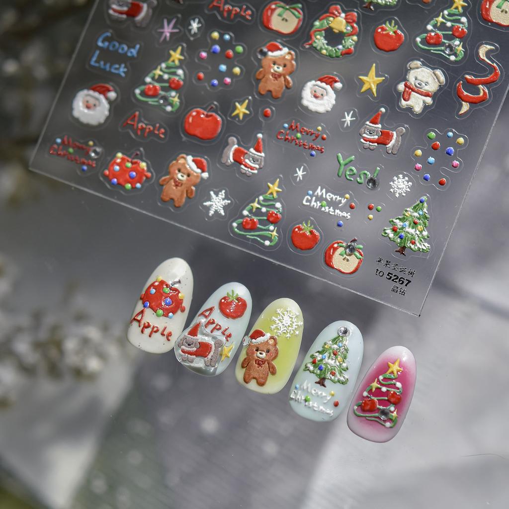 Christmas Nail Stickers Luxury Crystal Diamond Cartoon Bear Tree Apple Back Glue Nail Art Stickers DIY New 3D Nails Decorations