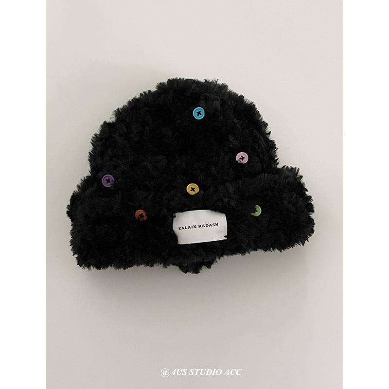 

Plush Knitted Knitted Hat Thickened Warm Color Buttons Cute Face showing Small Imitation Fur Hat for Women M（56-58cm）