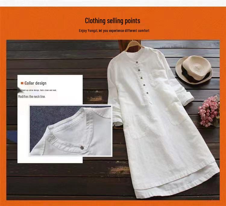 804# Cotton Linen Long Sleeve Shirt - Slimming, Plus Size, Casual Mid-Length Fashion Top for Spring and Autumn.