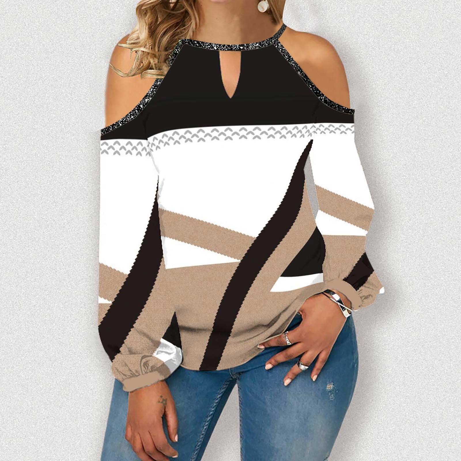 

Women s Fashion Casual Temperament Round Neck Off-shoulder Irregular Color Long Sleeve T-shirt Top XL хакі