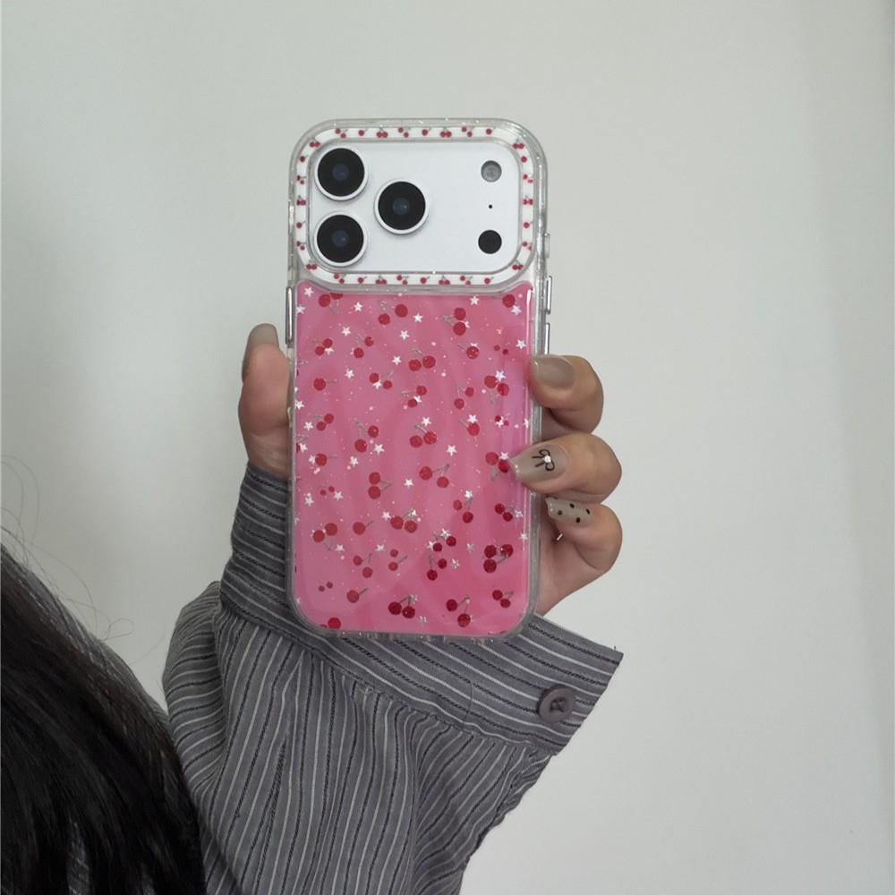 Korean Style Rose Pink Full Screen Cherry iPhone Case for 14 Pro, 15, 16, and 17 Pro Max