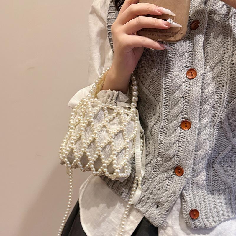 Handmade Beaded Pearl Bucket Phone Bag, Hollow Lace Design Crossbody Purse for Women, Elegant Mini Handbag