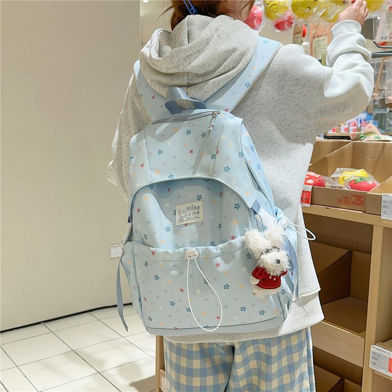 Cute Star Print Nylon Backpack for Women – Fashionable School & Daily Use Bag with Front Drawstring Pocket and Plush Charm