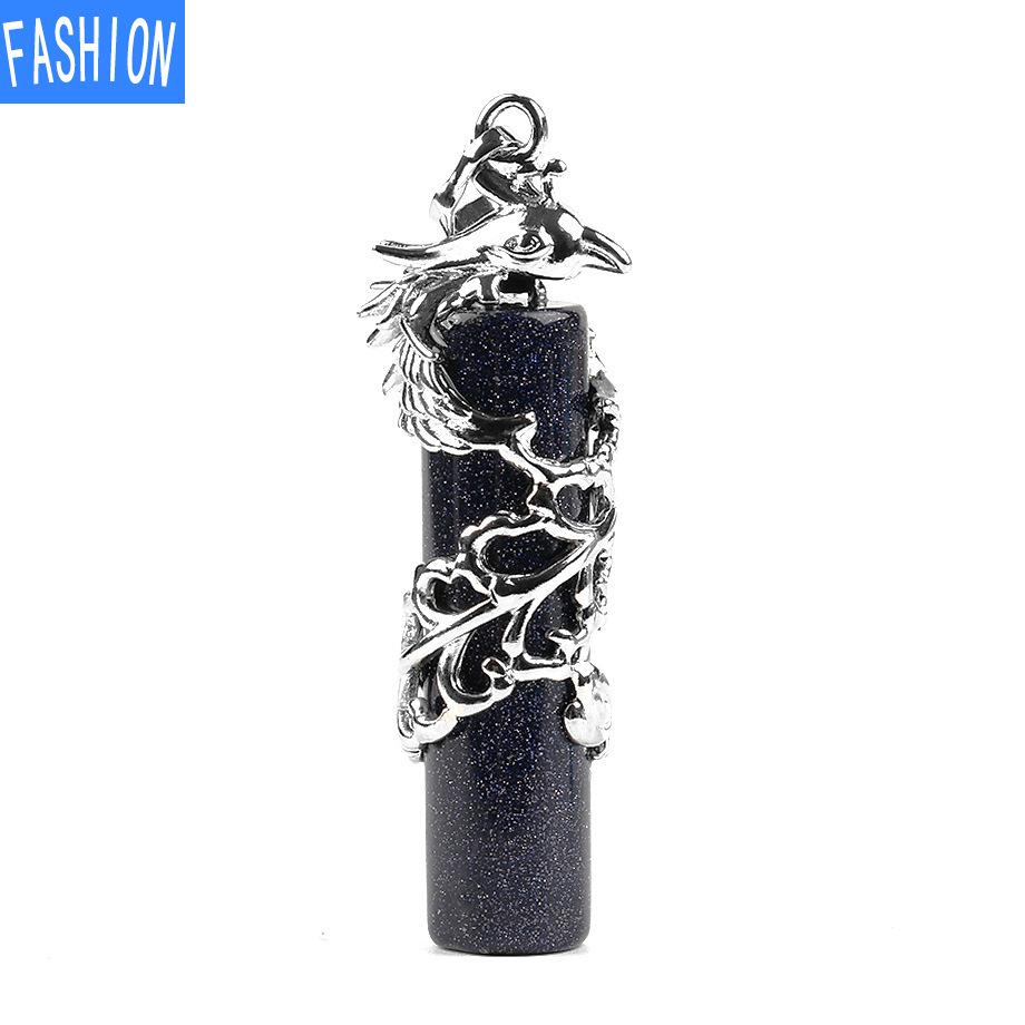Creative Mascot Wrapped Natural Stone Cylindrical Pendant And Pink Crystal Necklace