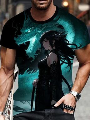 A 3D Printed T-shirt Featuring Anime Dragons and Women, Casual Round Neck and Short Sleeves for Men, Suitable for All Seasons, Regular Fit