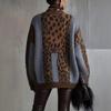 Womens Oversized Leopard Print Knit Sweater Loose Fit High Neck Winter Warm Acrylic Pullover