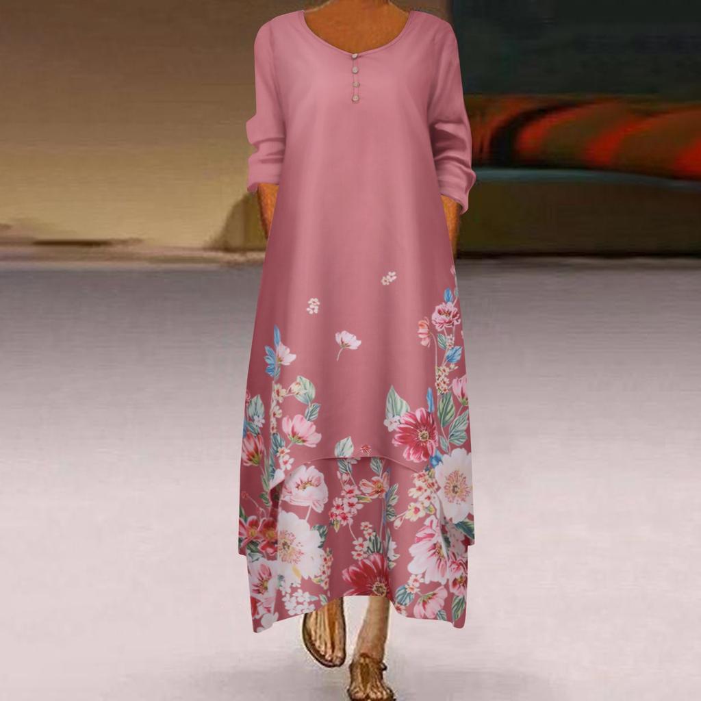 Womens Long Sleeve Floral Print O Neck Long Sleeve Irregular Loose Splice Maxi Dresses