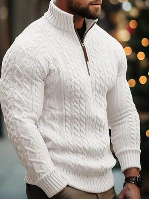 Men's Winter Knitwear: Half-Zip Solid Color Cable Knit Pullover Sweater